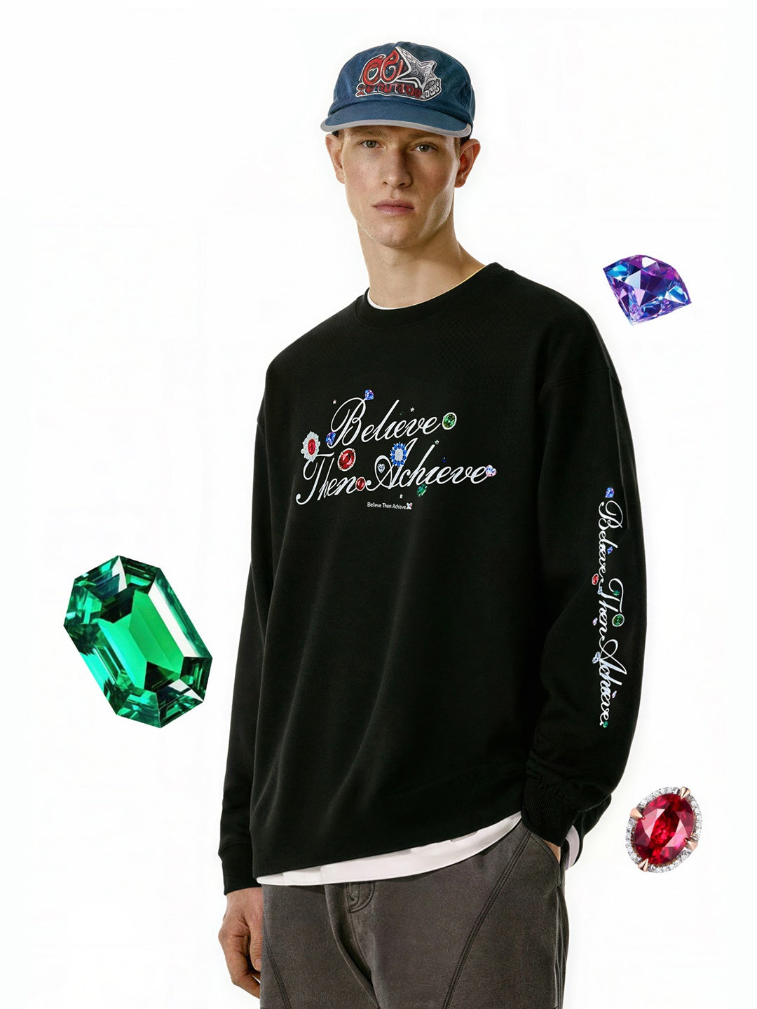 Crystal Lucky Alphabet Gem Print Long-sleeved T-shirt