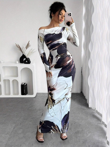 Milk Silk Printed Off-the-shoulder Long Dress