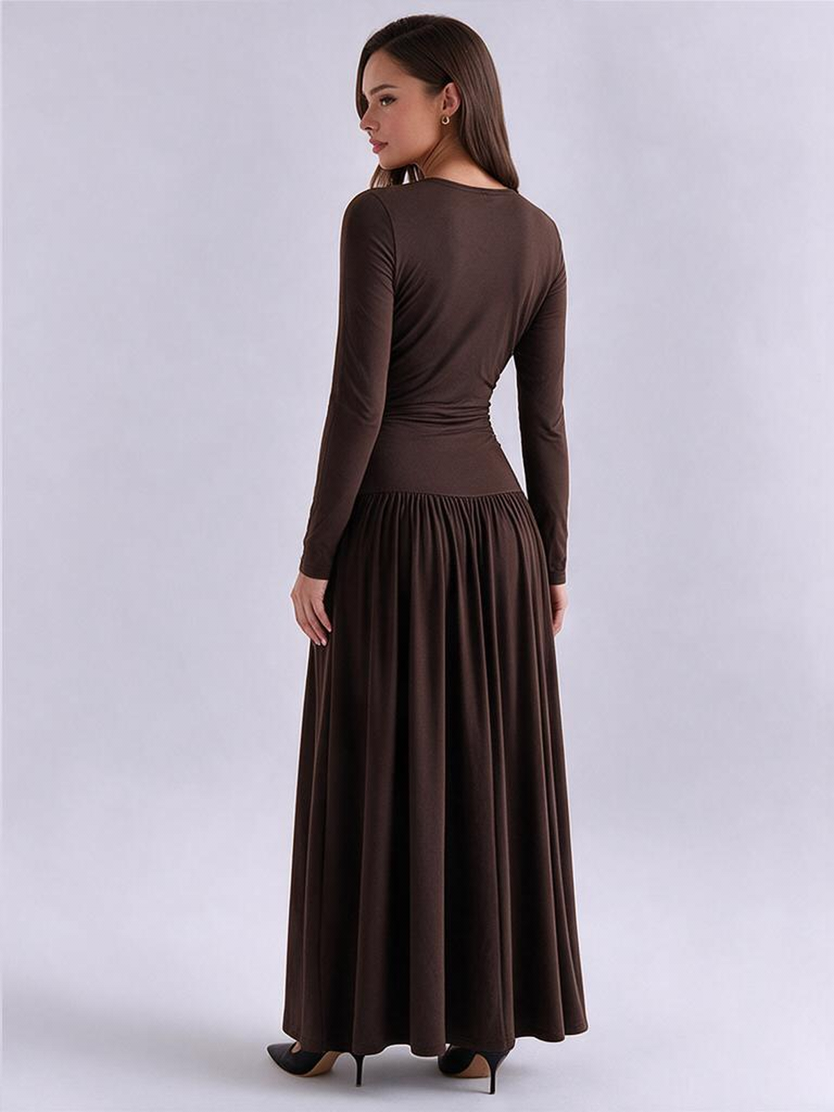 Pleated Design Long-sleeved Round Neck A-line Dress
