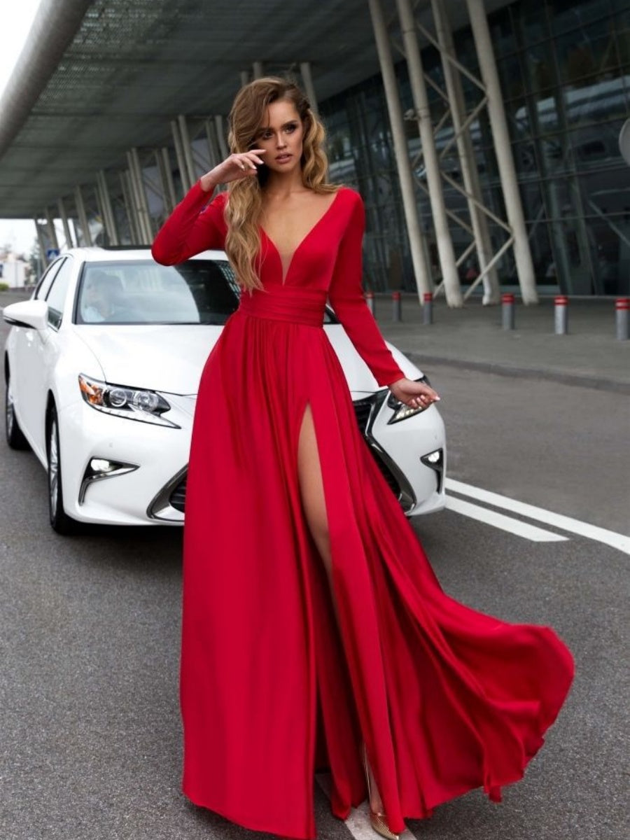 Sexy Deep V Long Sleeves Solid Color Maxi Dresses