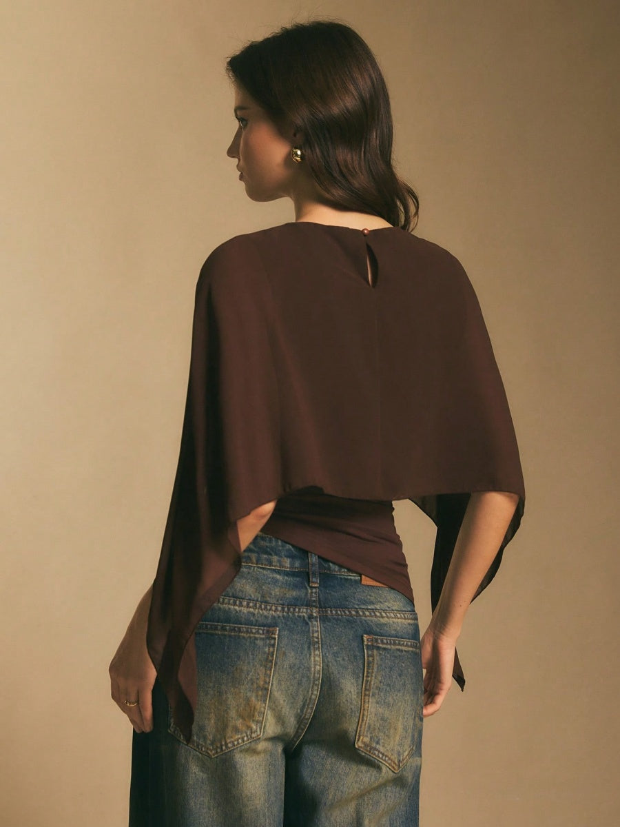 Cape-sleeve T-shirt, Round Neck, Loose Chiffon Cover-up, Elegant Irregular Top/T-shirt