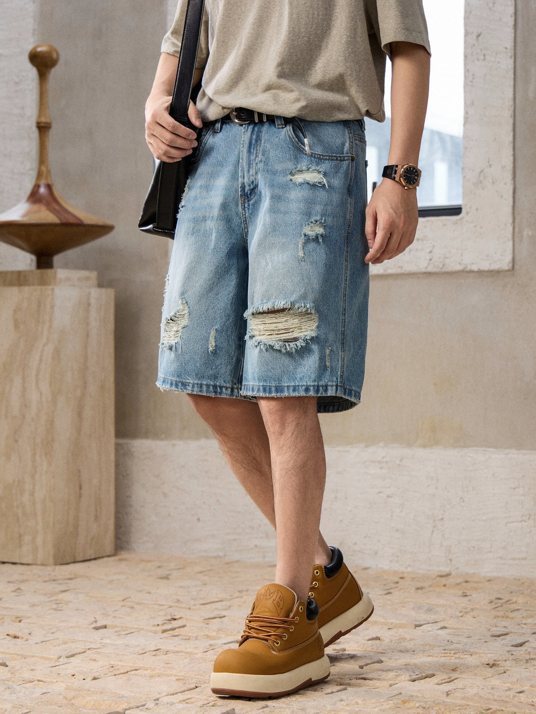 Washed Hole Denim Shorts