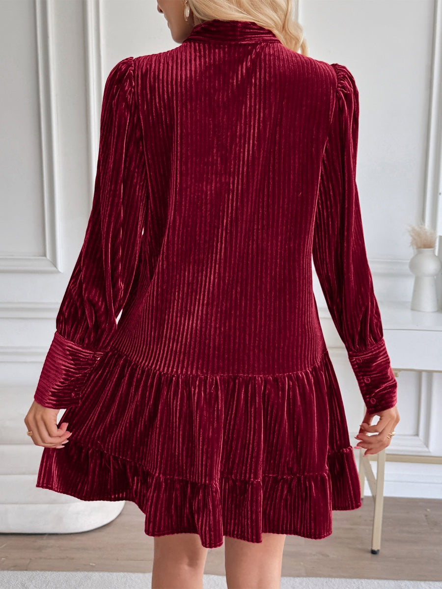 A-style Wine Red Velvet Stripes Long Sleeve Bow Ruffle Cocktail Party Christmas Short Dress