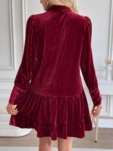 A-style Wine Red Velvet Stripes Long Sleeve Bow Ruffle Cocktail Party Christmas Short Dress