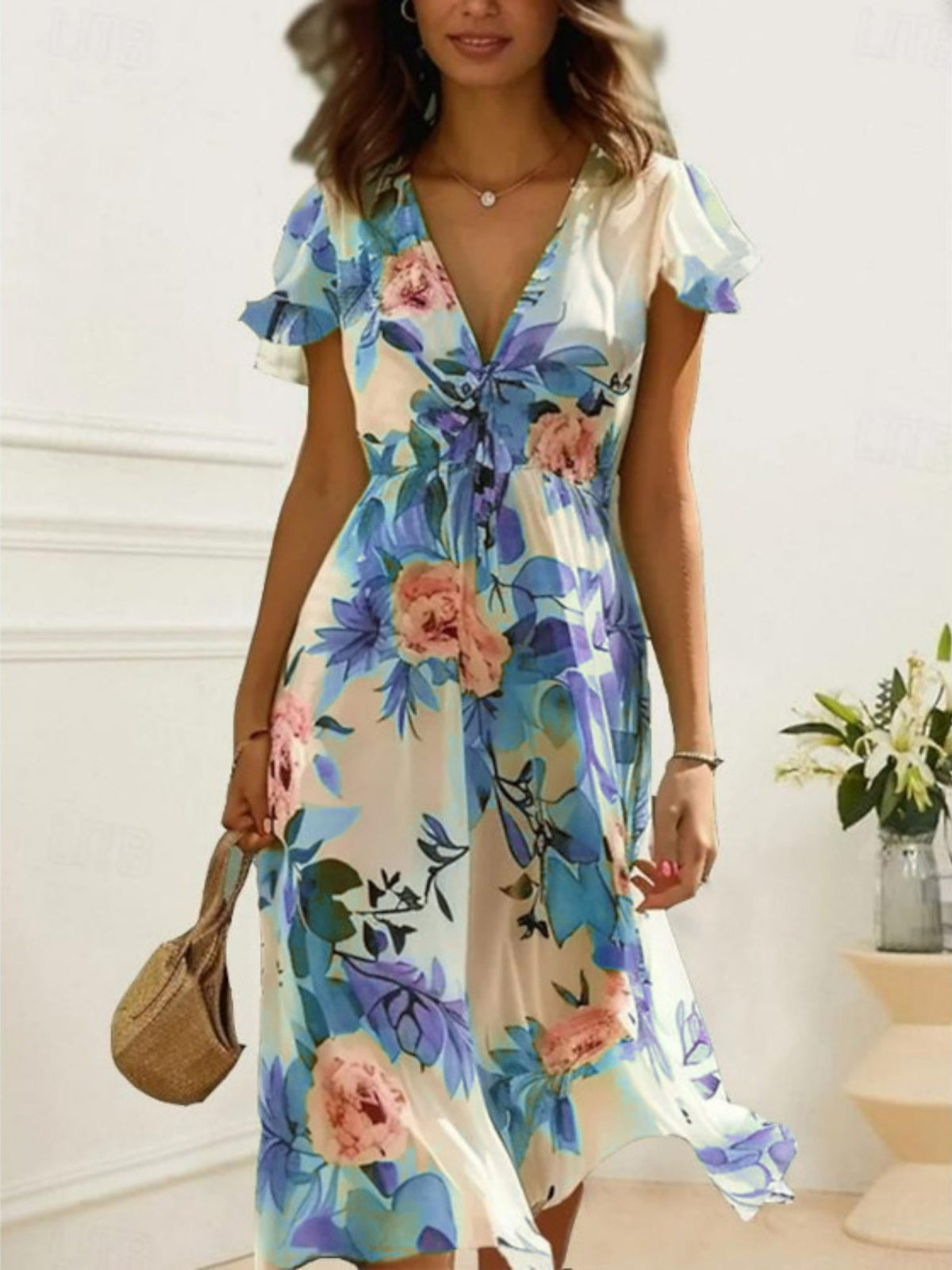Floral Print V-neck Short Sleeve Maxi Dresses