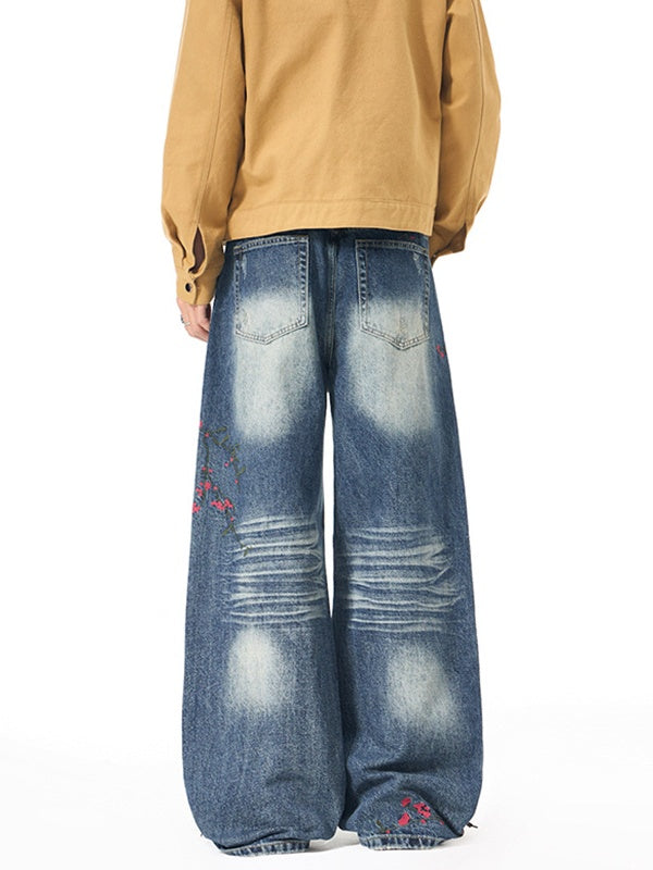 Floral Embroidery Versatile Straight-fit Jeans