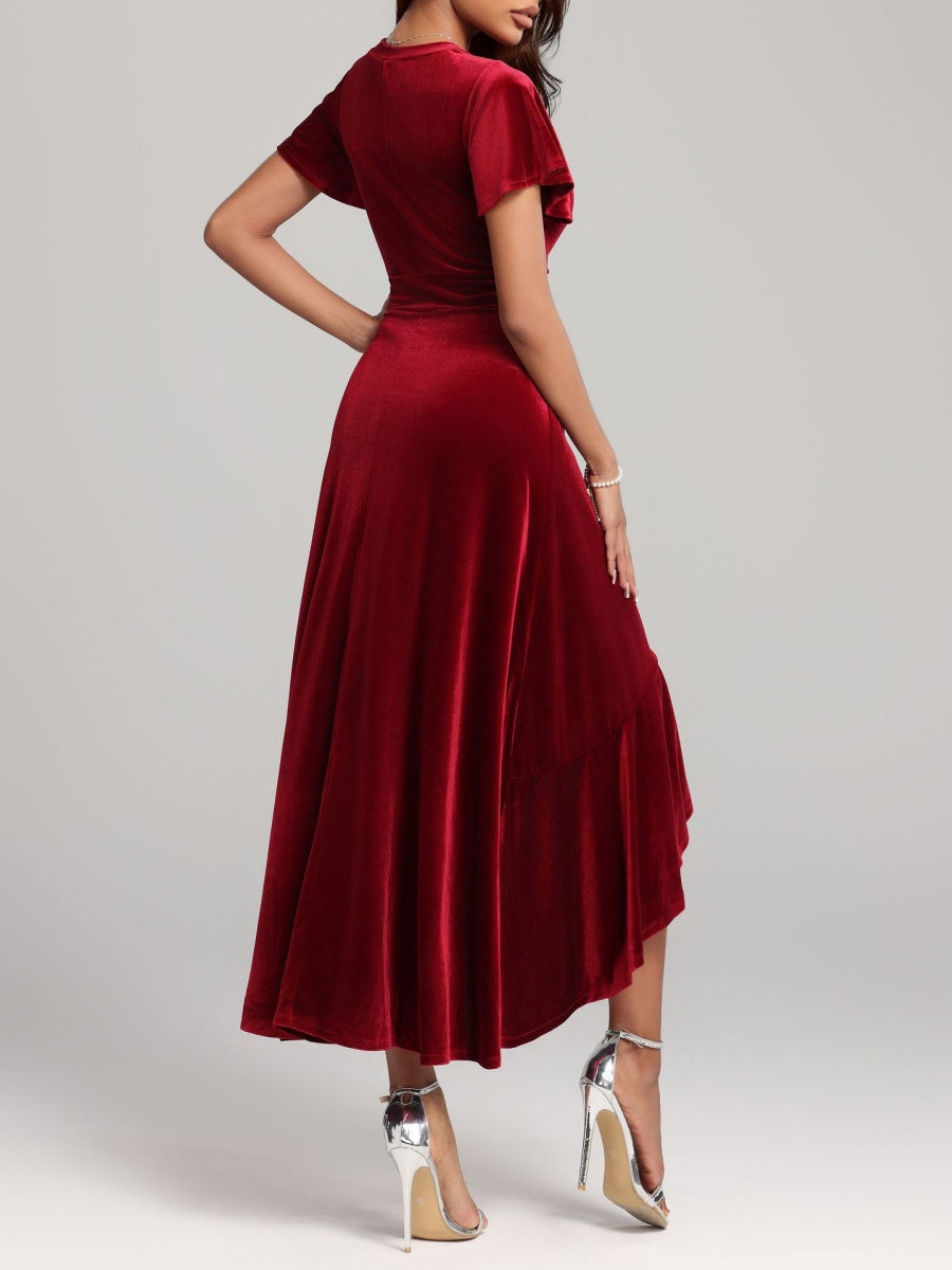 Large Velvet V-neck Flying Sleeves Irregular Hem Long Dress