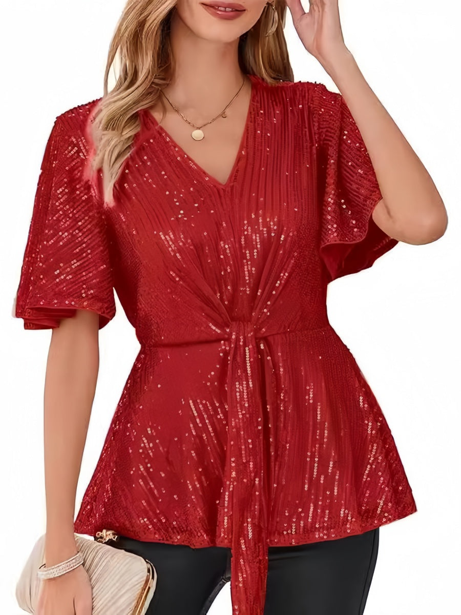 V-neck Pullover Sequins Tie-strap Mesh/see-through Top