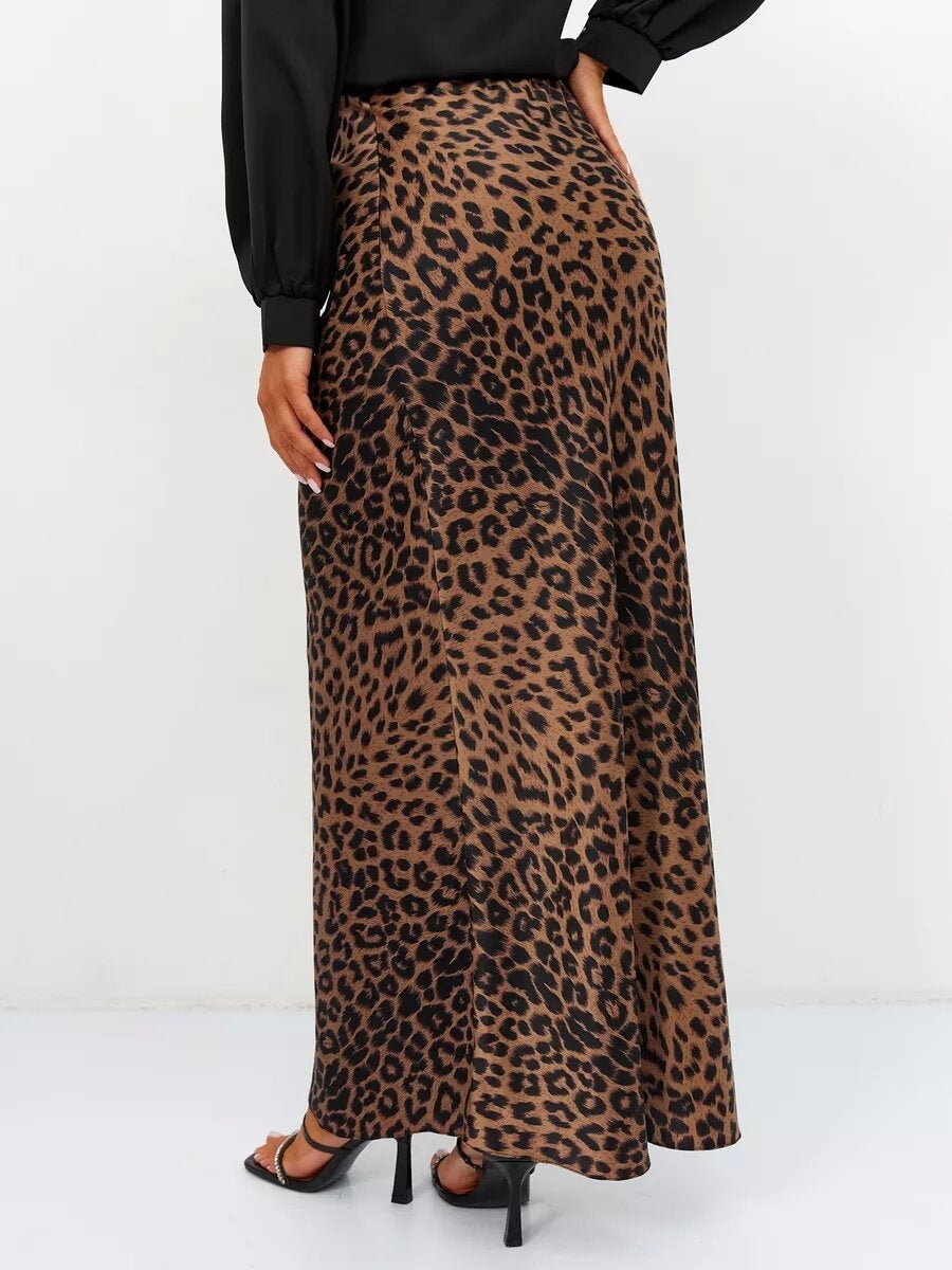Satin Leopard Print High Waist Elasticity Silky Smooth Skirts