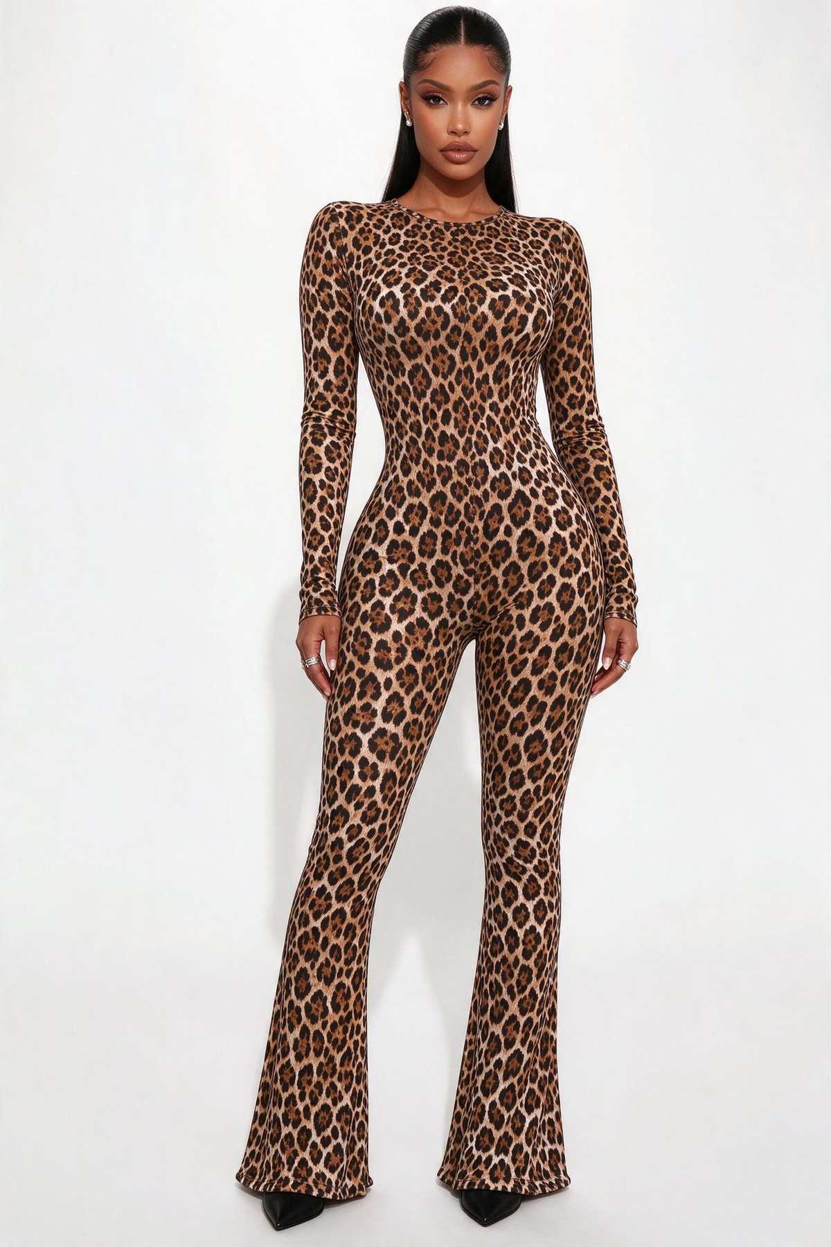 Leopard Print Fitted Floral Long-sleeved Backless Jumpsuit