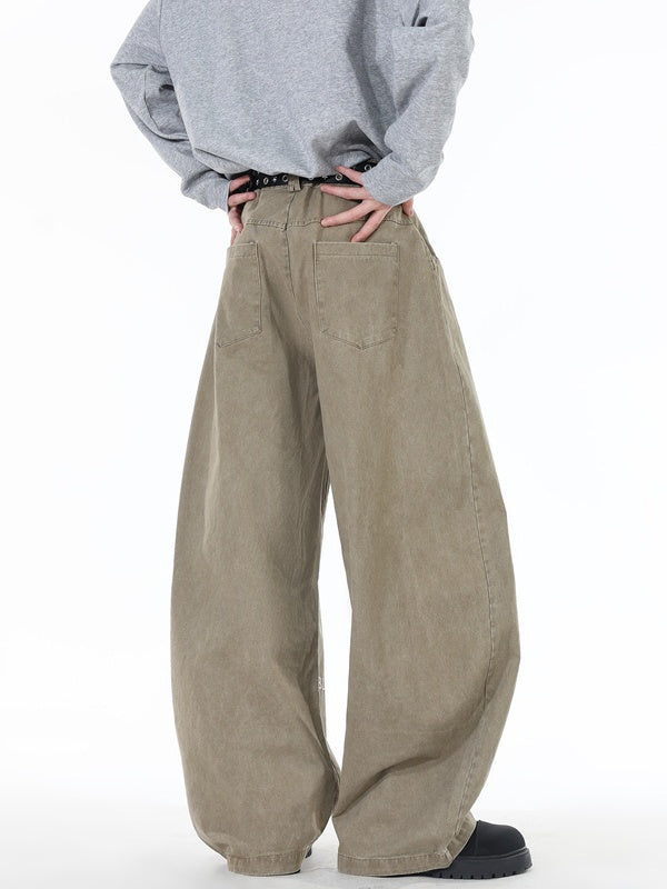 Letter Printed Khaki Loose Straight Machete Jeans