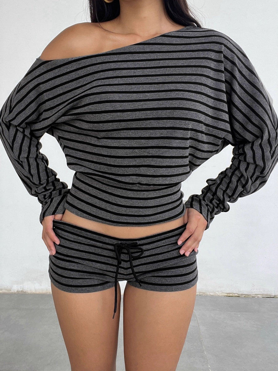 One Shoulder Long Sleeve Splicing Stripes 2-piece Sets