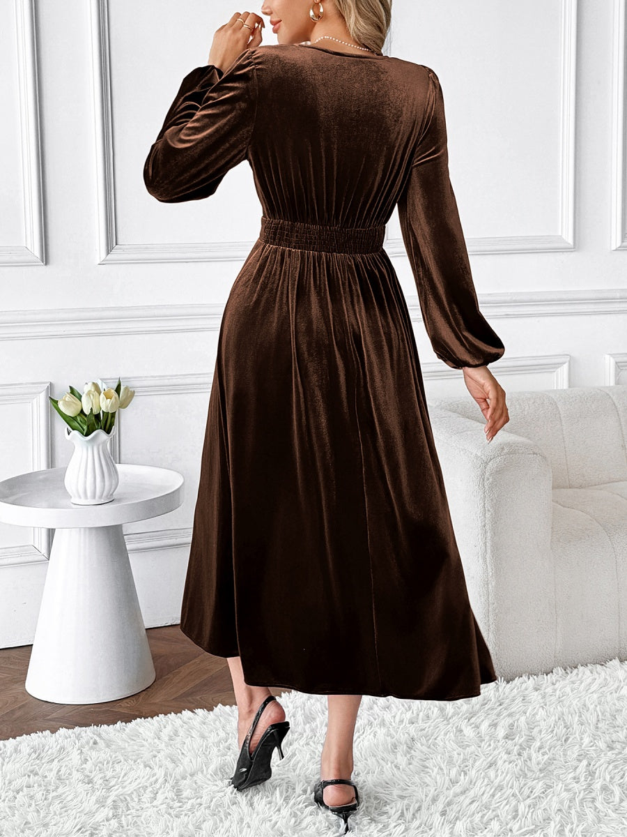 Deep V-neck Velvet Lace Decoration Waist Cocktail Midi Dress