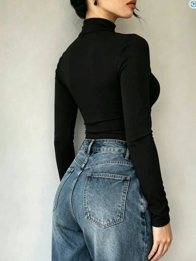High-neck, Fitted, Faux Two-piece Set, Long-sleeved, Sexy, And Slimming Top