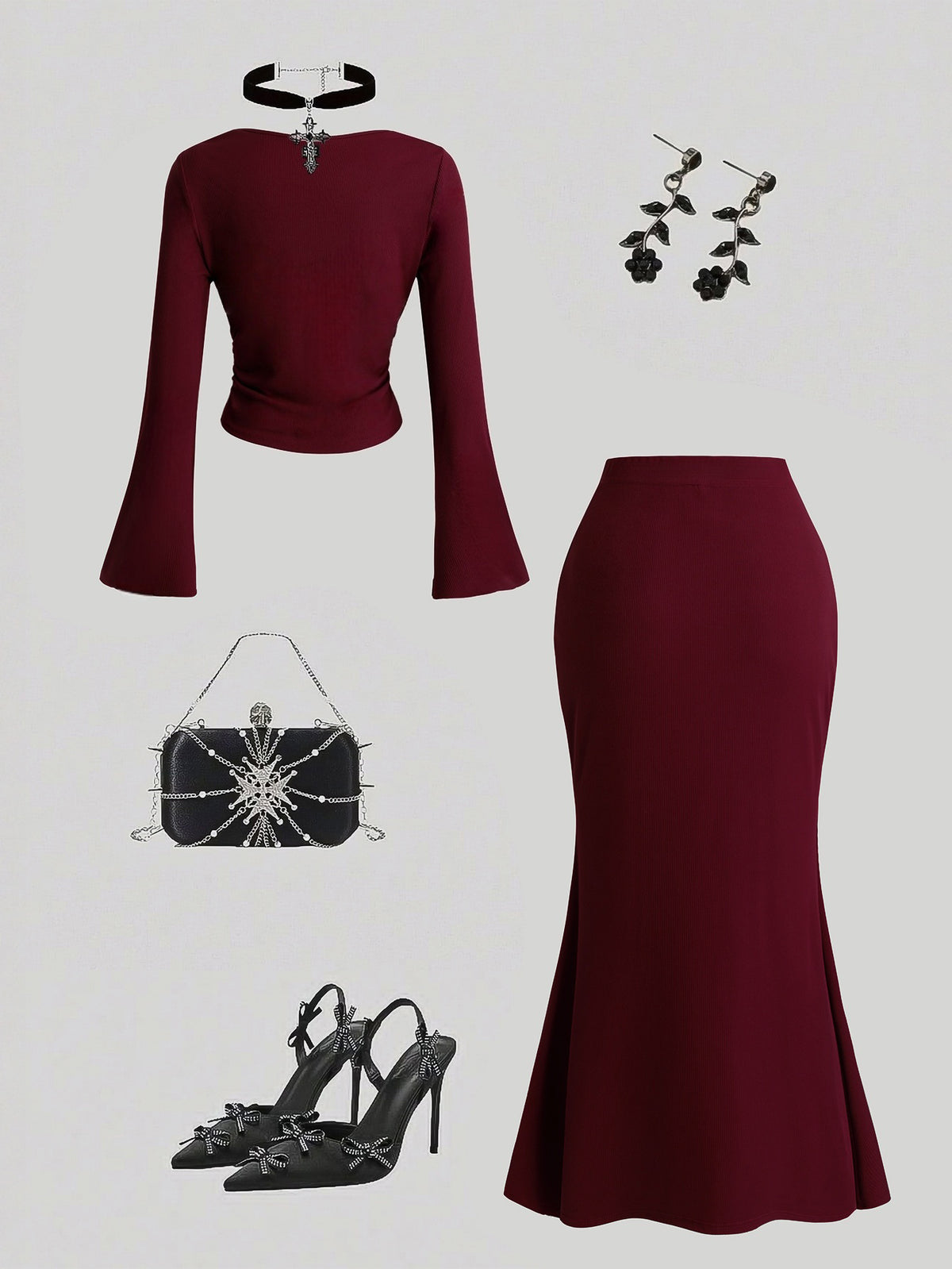 Long-sleeved Round Neck Top With Irregular Hem And Fishtail Pencil Skirt Two-piece Set