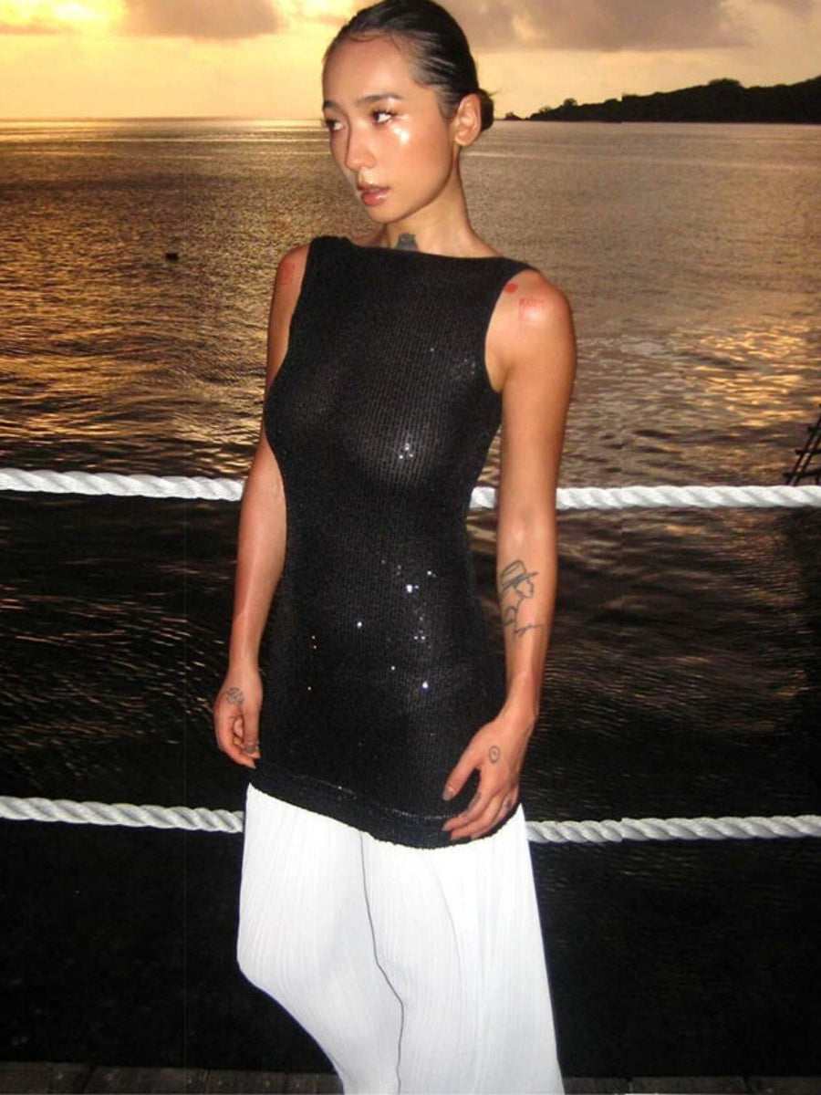 Liber Autumn Women's Sequins Black and white contrast Maxi Dresses