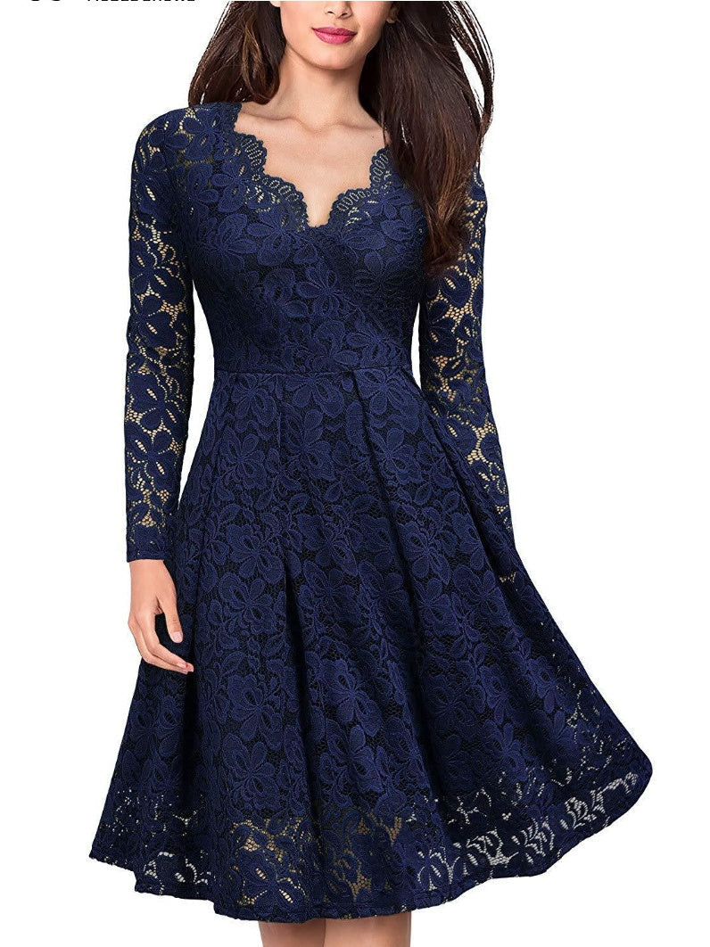 Christmas Long Sleeve Lace Solid Color Midi Dresses