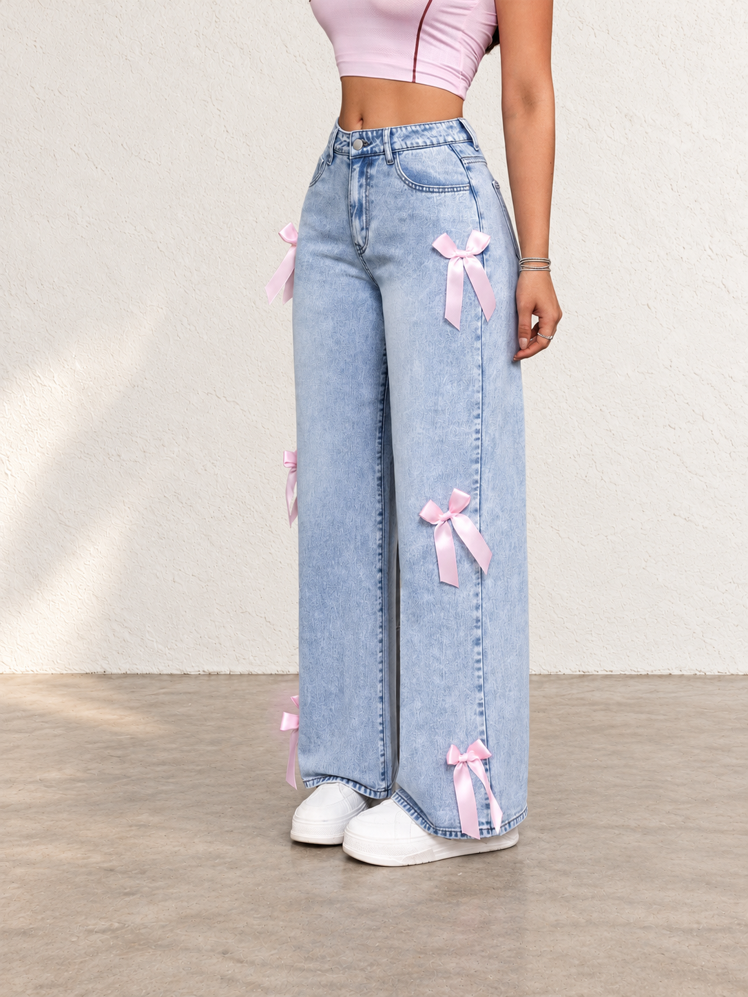 Women's Autumn/Winter High-Waisted Wide-Leg Jeans With Bow Decoration