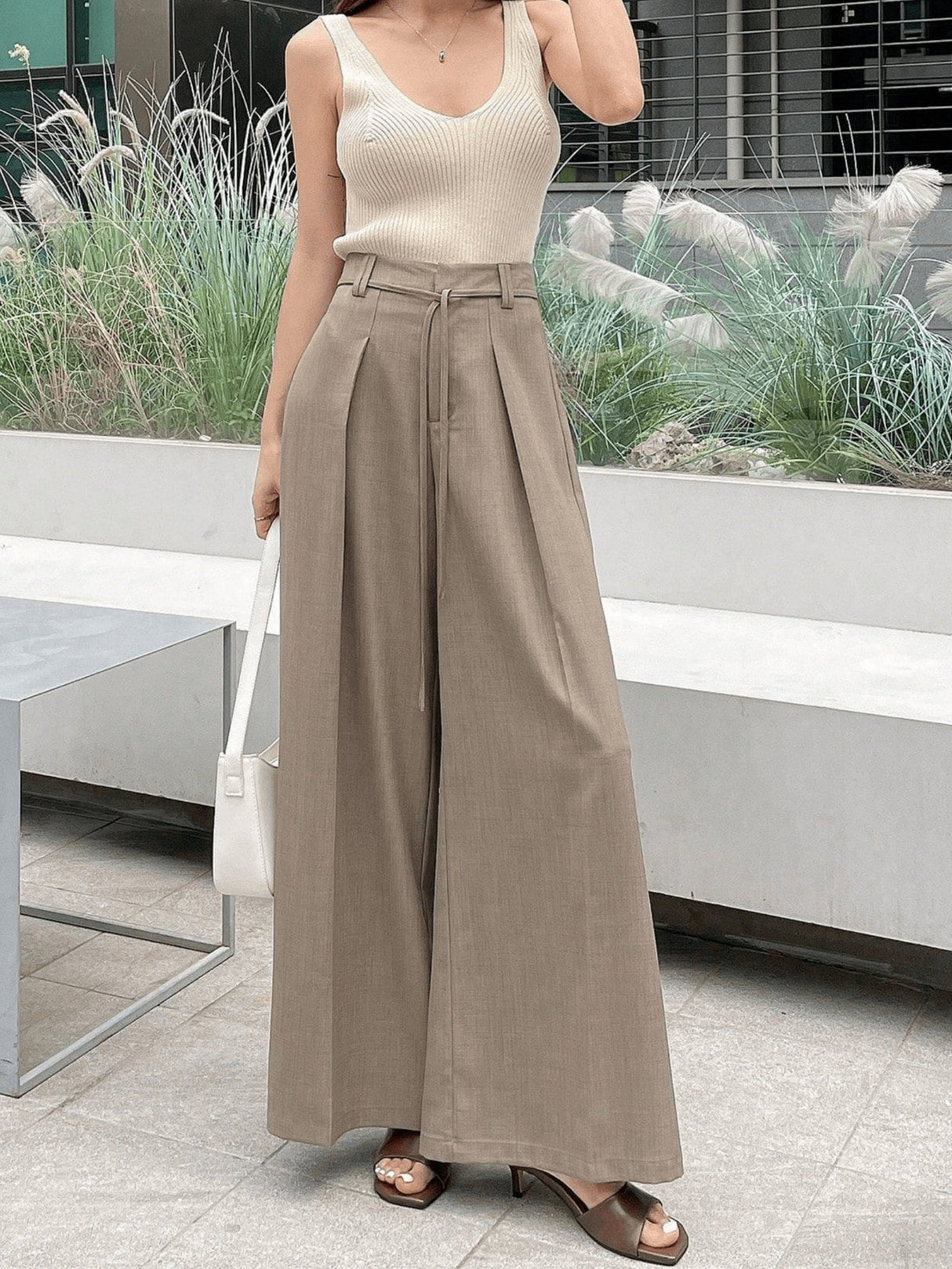 Pleated Lace-Up Wide-Leg Casual Pants Khaki Suit Trousers