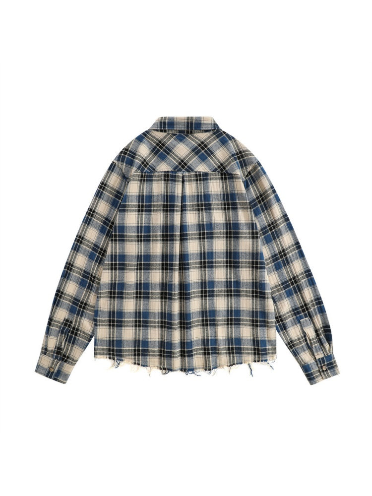 Contrasting Colors Plaid Loose Lapel Raw Edge Buttons Long-sleeved Shirt