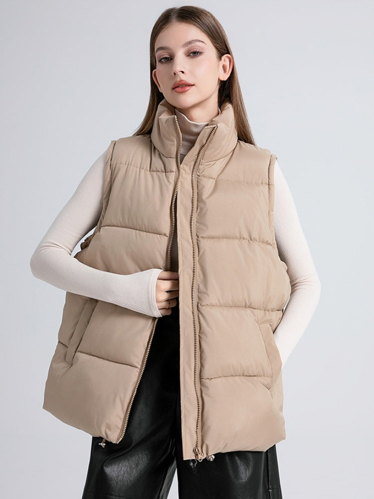 Stand Collar Sleeveless Zipper Pocket Warm Loose Mid-length Down Cotton Vest Jacket
