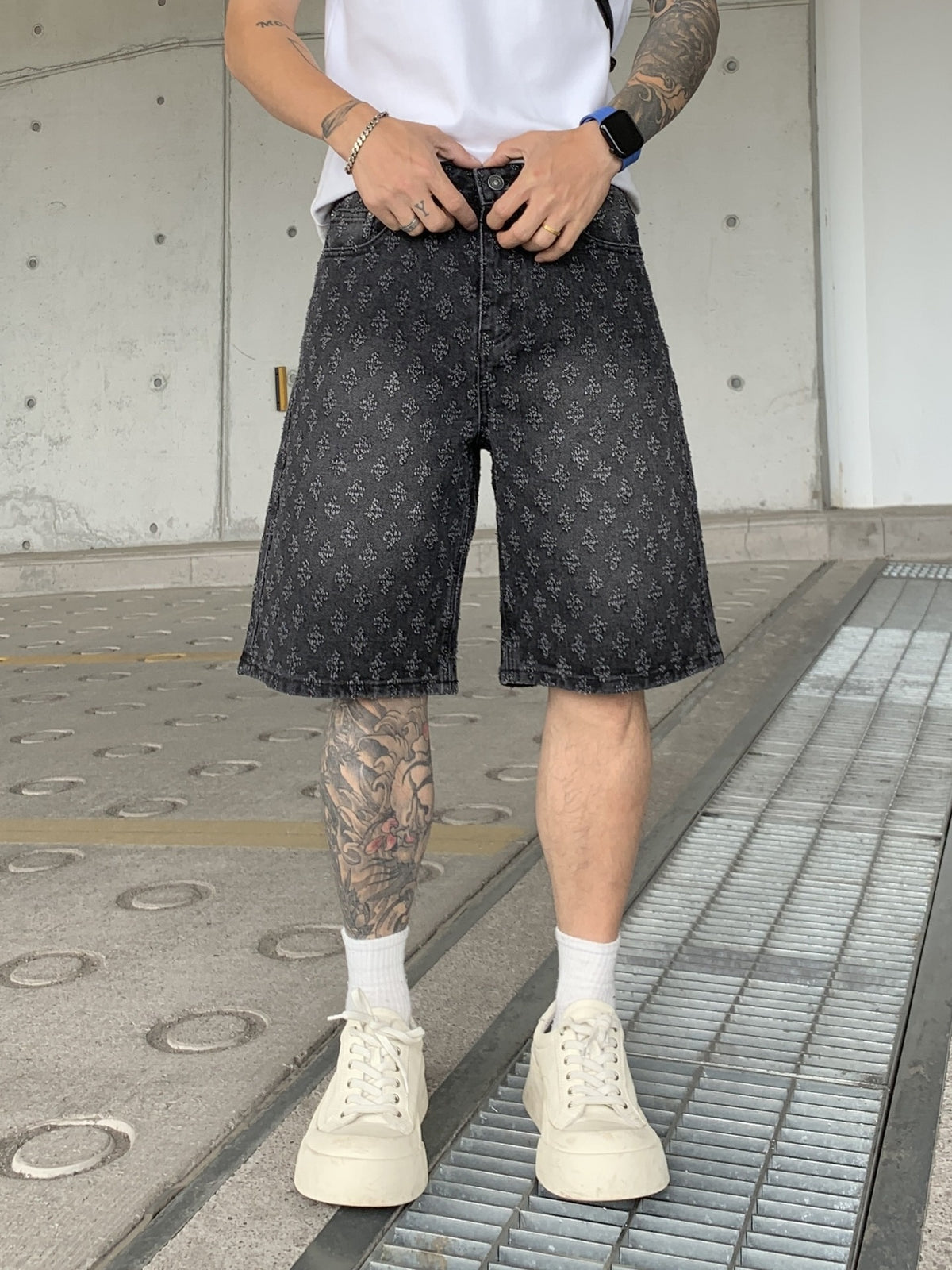 Jacquard Full Print Denim Lightweight Straight-fit Five Points Shorts
