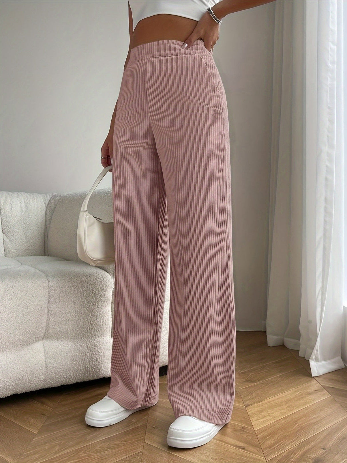 Threaded High-waist Loose Wide-leg Pants With Draped Straight Legs