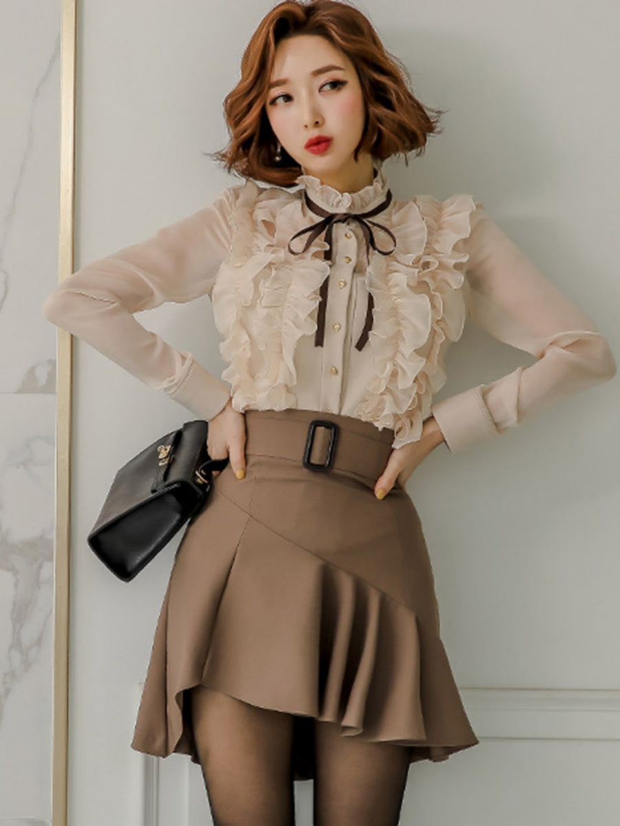 Elegant Two-piece Set: Stand-up Collar Sheer Blouse And Ruffled Skirt.