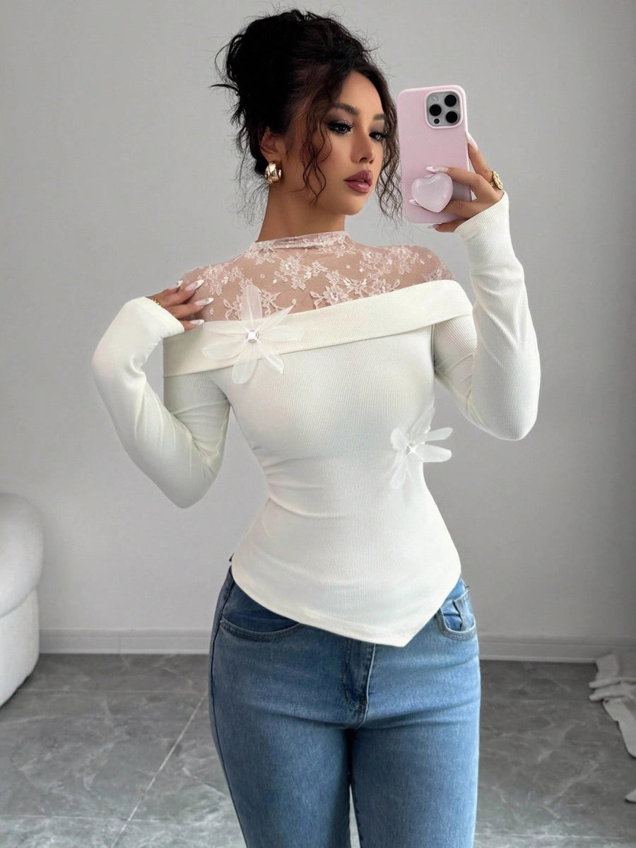 Pullover Lace Stand Collar Splicing T-shirts Pair With Corsage Elegant Mesh/sheer Top