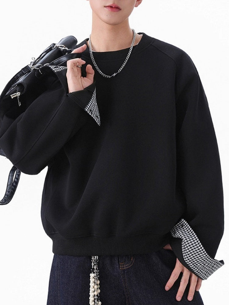 Plaid-Panel Clean-Fit Boxy Crew-Neck Sweatshirt