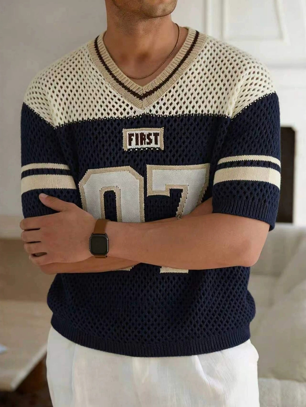 Hollow Out Stripes Color-blocked Number Knitting T-shirts