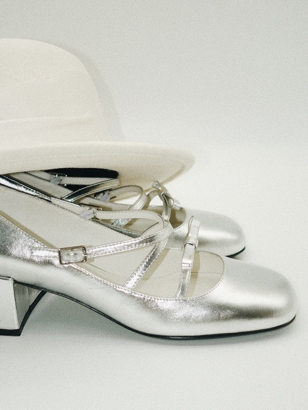 BIUCILI "kilig" Original Silver Ballet Bow Chunky Heel Mary Jane Barbie Flats For Women