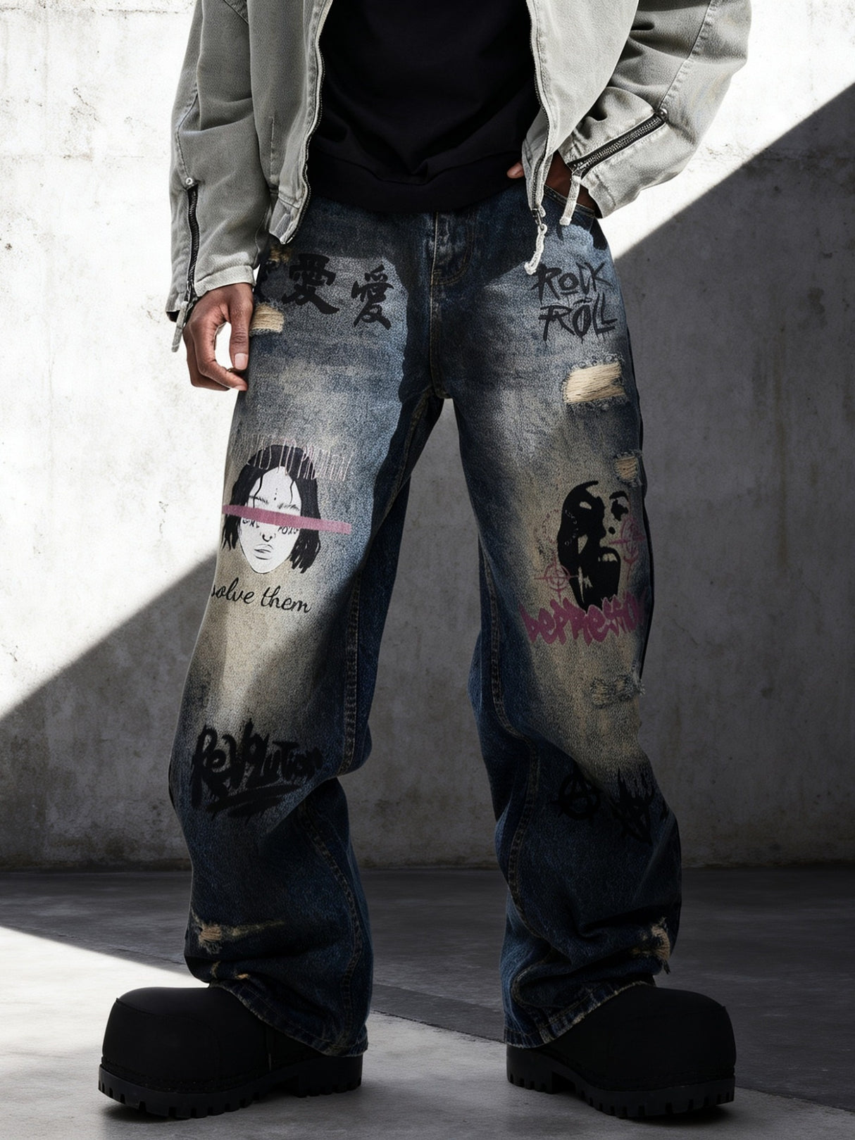 Face Graffiti Loose-fit Distressed Washed Fake Hole Jeans