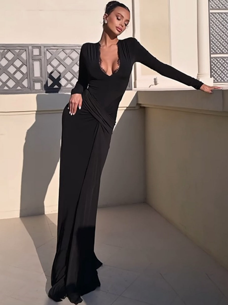 V-neck Black Lace Long Sleeve Pleated Tight Fit Formal Evening Long Dress