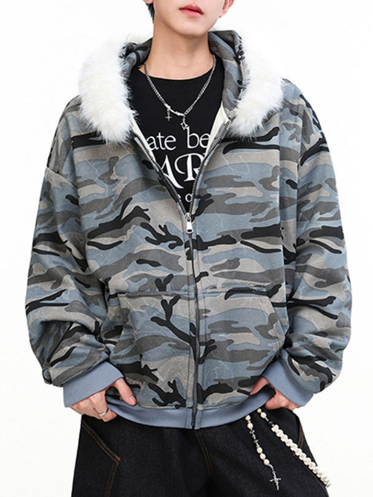 Vintage Camo Faux-Fur-Collar Hooded Jacket