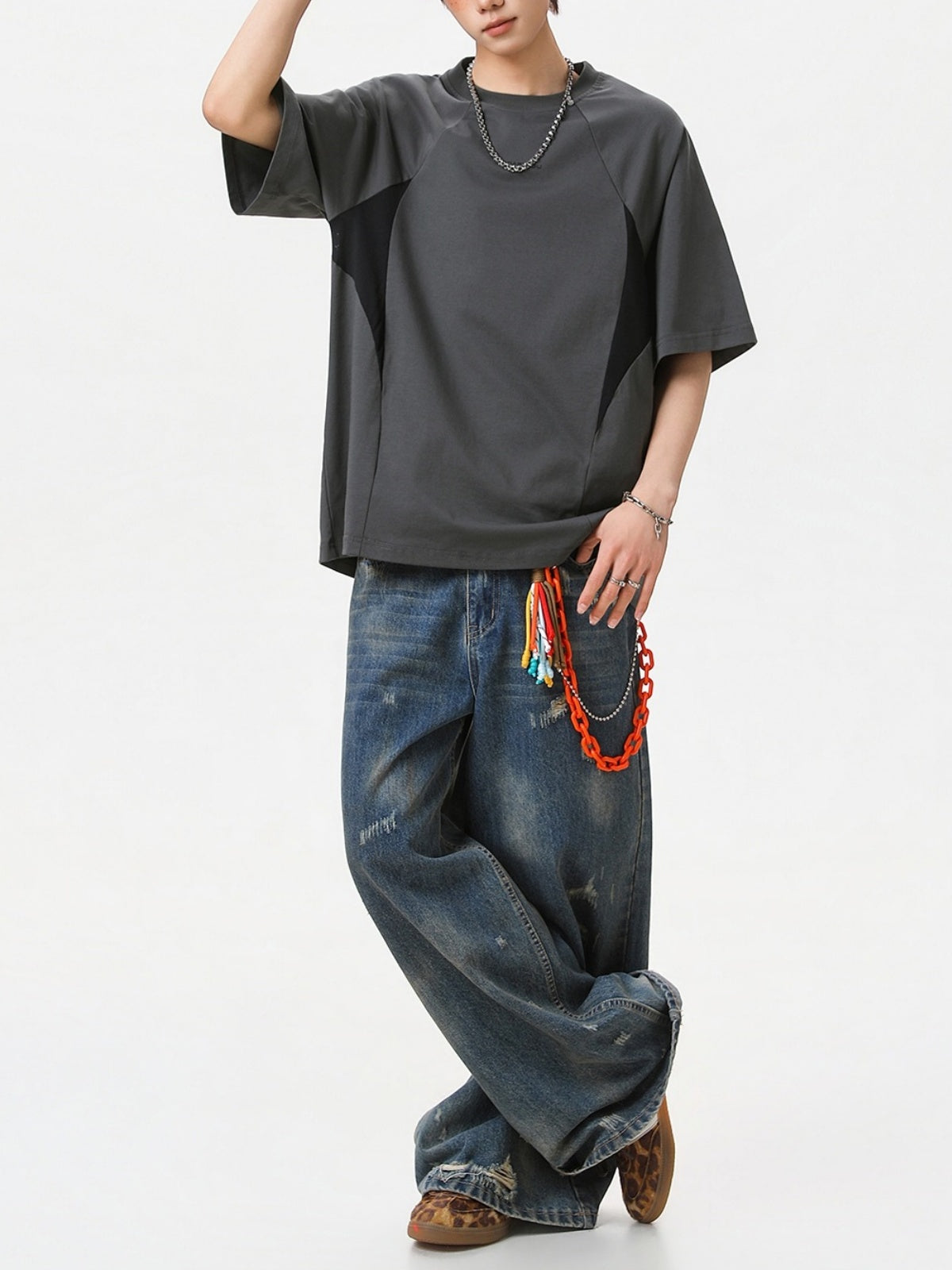 Color-blocked Mesh Patchwork Letter Print T-shirts