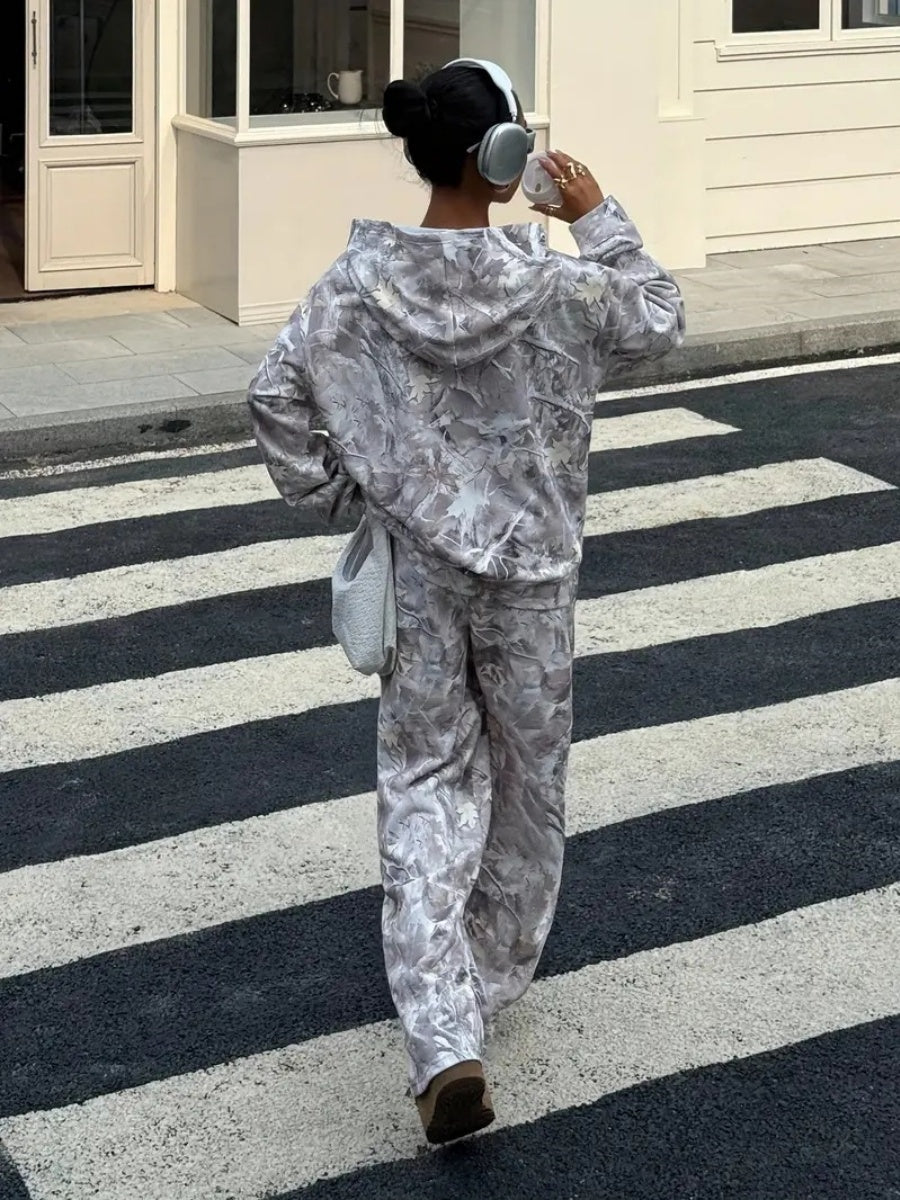 Street Style Camouflage Full Print Hooded Jacket Pants Loose Daily Casual Two-piece Set
