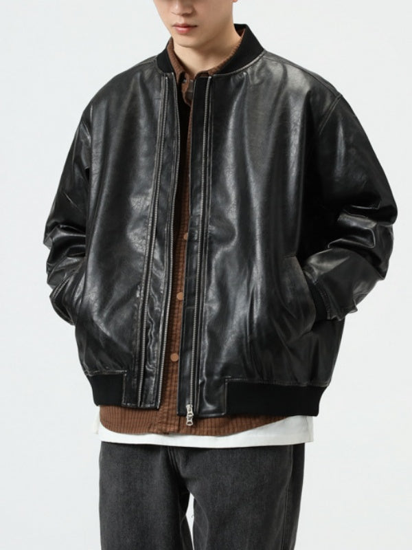 Retro Loose-fit Simple Leather Jacket