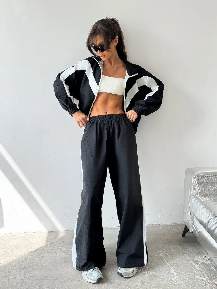 Liber Autumn women's clothing contrasting colors Sports jacket Long-sleeved two-piece suit