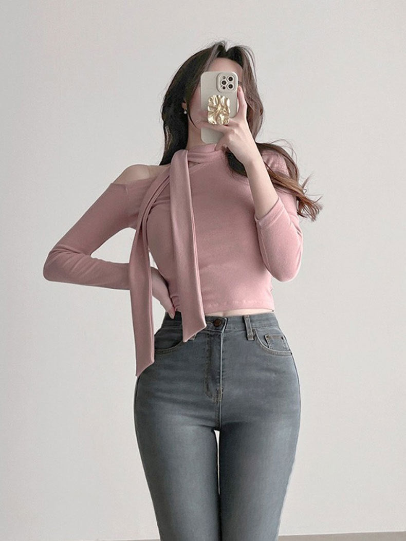 Elegant Tie-neck Fitted Long-sleeved T-shirt