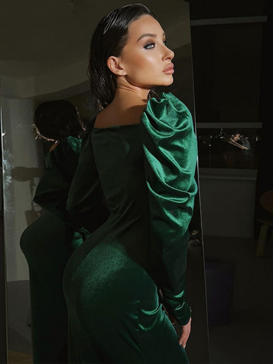 Tight-fitting Gold Velvet Pleated Long Dress