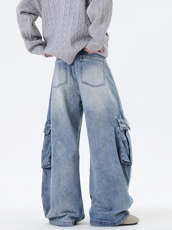 Old Washing Multiple Pockets Tooling Wide-leg Mopping Jeans