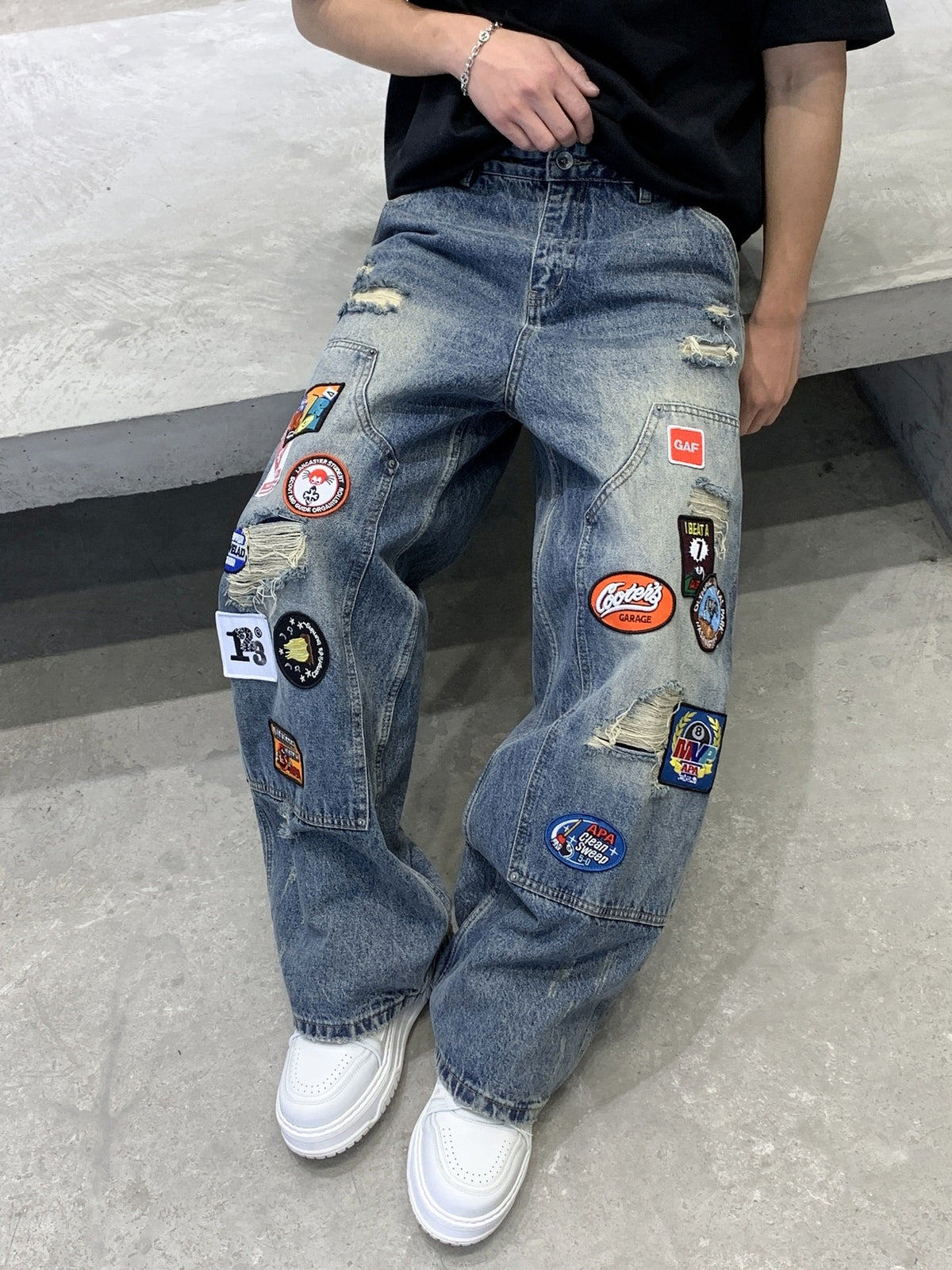Badge Embroidery Denim Loose-fit Patchwork Fake Hole Wide-leg Jeans