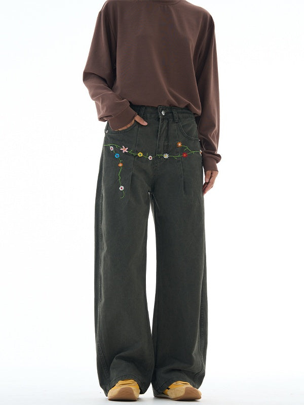 Floral Embroidery Vintage Design Machete Casual Wide-leg Pants