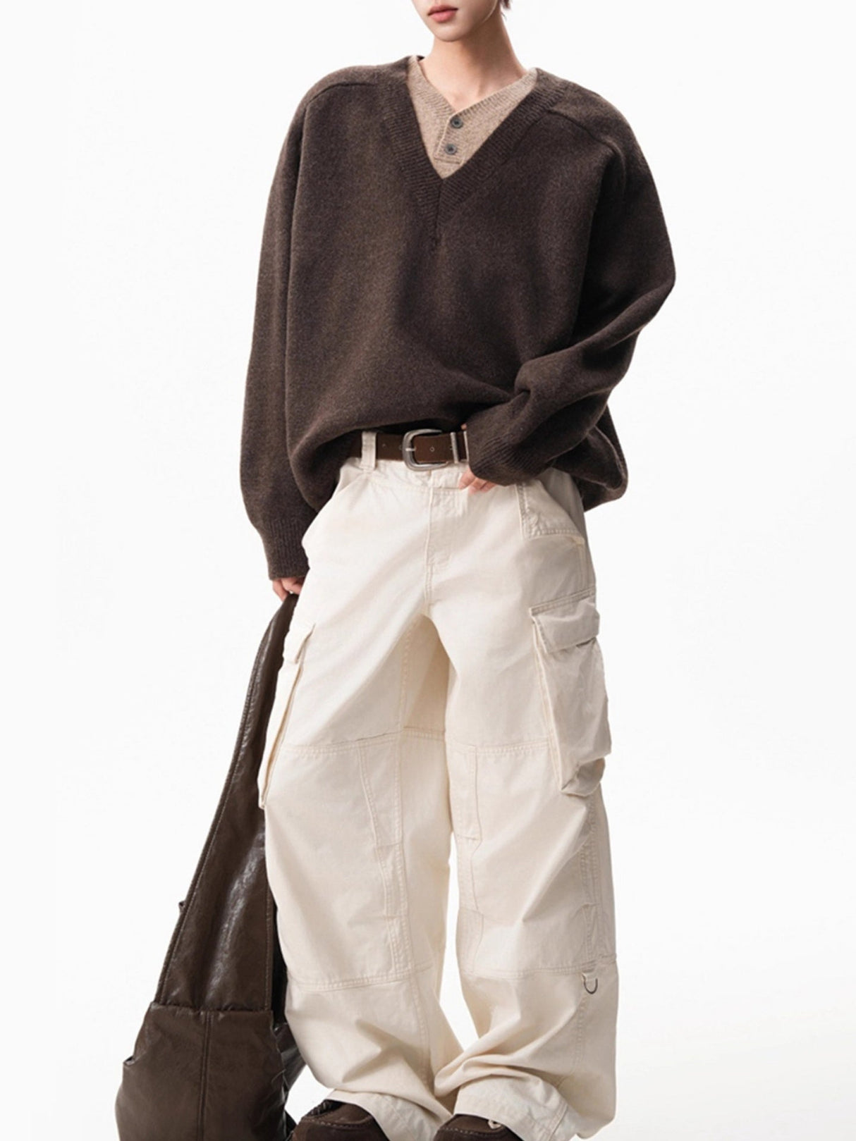Retro Faux-Layer V-Neck Patchwork Oversized Knit Pullover