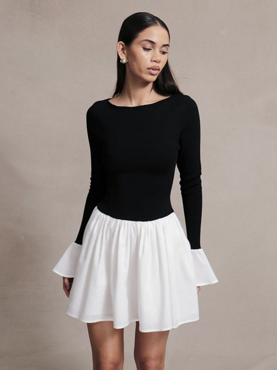 Long Sleeves Contrasting Colors Splicing Ruffled Short Dress