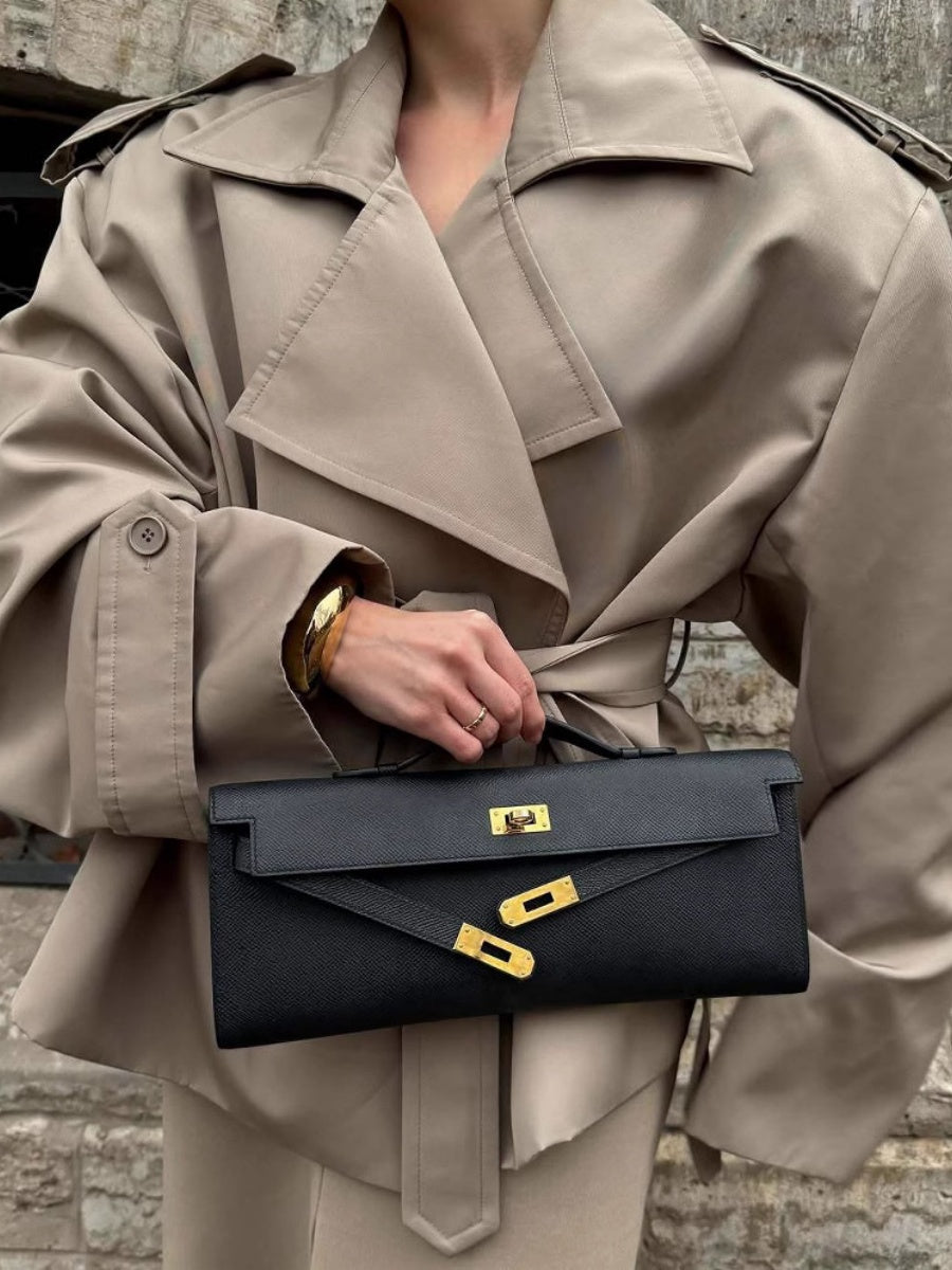 Khaki Lapel Long Sleeve Lace Up Short Trench Coats