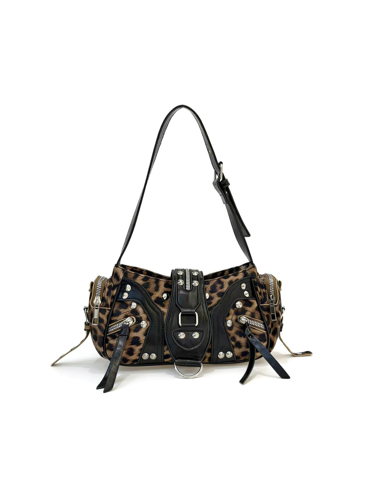 Stylish Leopard Print Edgy Biker Studded Shoulder Bag