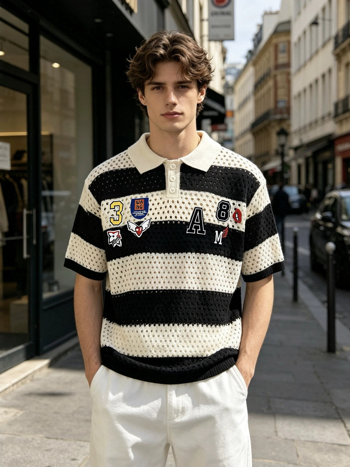 College Style Stripes Hollow Out Badge Embroidery POLO Shirt