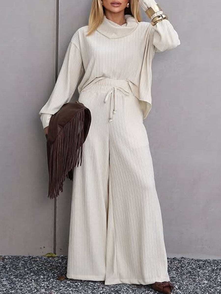 Blended Loose Jacquard Stand Collar Long Sleeves Two-piece Straight-leg Trousers